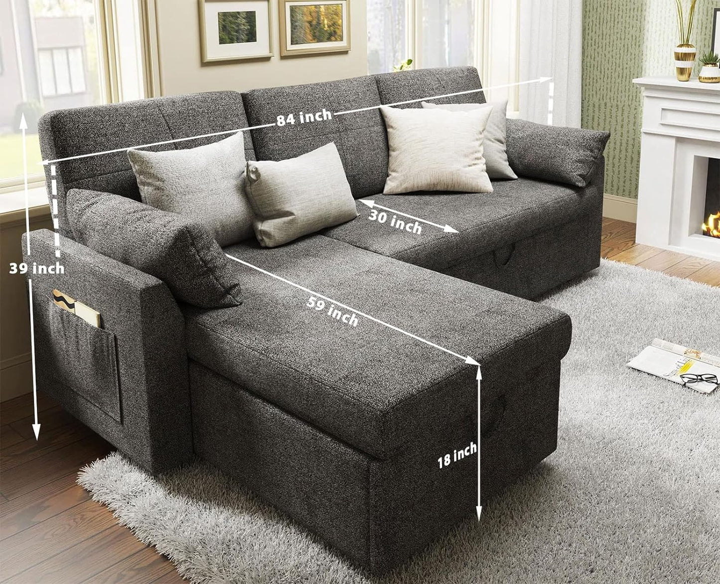 VanAcc Sleeper Sofa, Sofa Bed- 2 in 1 Pull Out Couch Bed with Storage Chaise for Living Room, Sofa Sleeper with Pull Out Bed, Grey Linen Couch