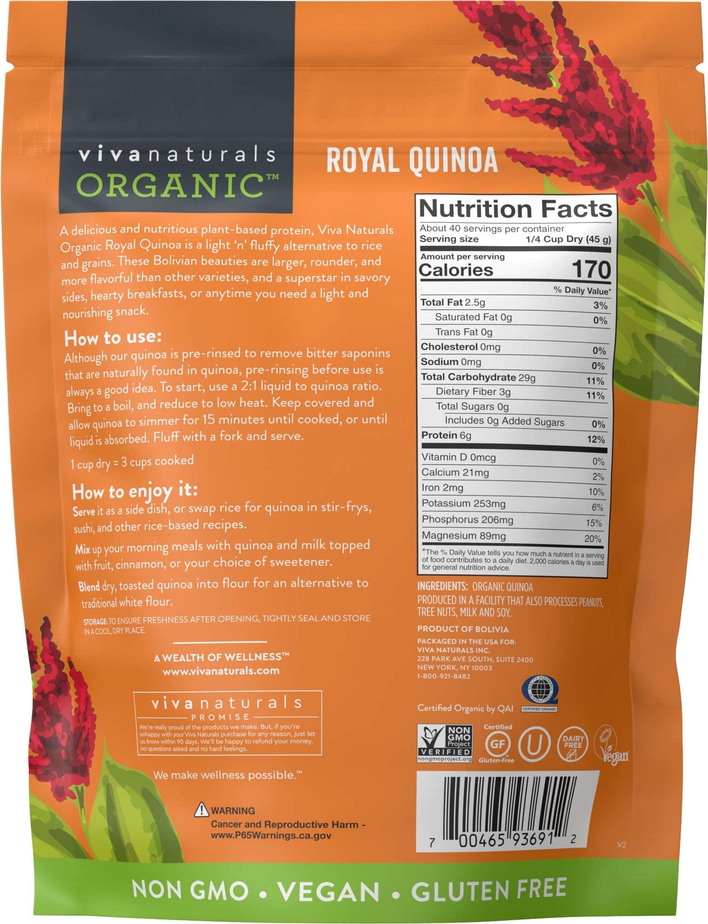 Viva Naturals Organic Quinoa, 64 oz (4 lb) - Plant Based Protein, Fiber and Iron - Pre-Washed Whole Grain Rice and Pasta Substitute for Quinoa Salad - USDA Organic, Gluten Free, Vegan, Non-GMO and Kosher