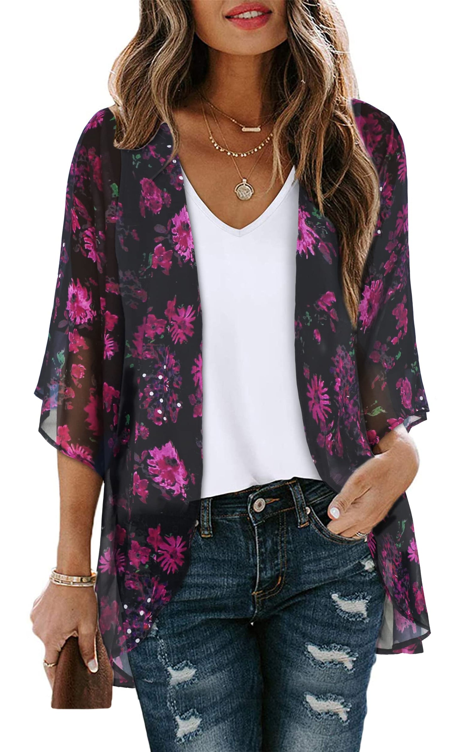 Women's Floral Print Puff Sleeve Kimono Cardigan Loose Cover Up Casual Blouse Tops