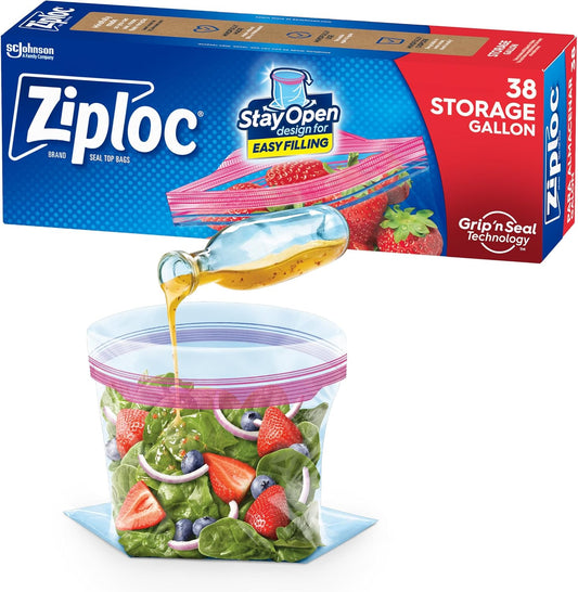 Ziploc Gallon Food Storage Bags, Stay Open Design with Stand-Up Bottom, Easy to Fill, 38 Count