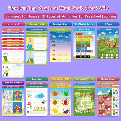 Preschool Learning Activities Workbook Toys for Kids - [2-Pack] Educational Kindergarten Busy Books for Handwriting Practice, Search and Find Games - Gifts for Toddlers Prek Ages 3, 4, 5, 6 year old