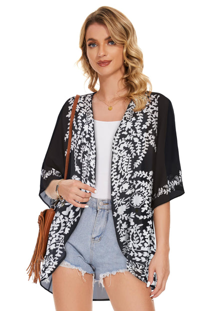 Women's Floral Print Puff Sleeve Kimono Cardigan Loose Cover Up Casual Blouse Tops