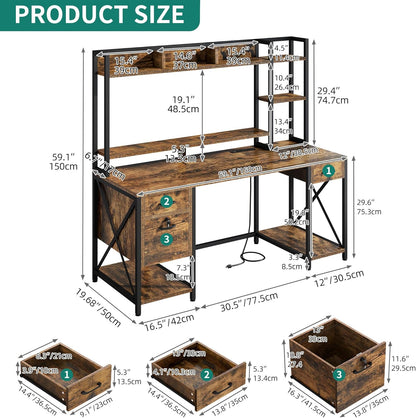 YITAHOME Computer Desk with Drawers & Power Outlets, File Drawers with Lock, 59" Home Office Desk with Storage Shelves & Monitor Stand, Gaming Desk with LED Lights & Hutch, Rustic Brown