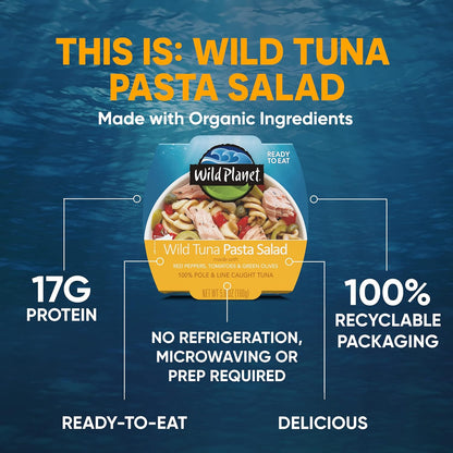 Wild Planet Ready-To-Eat Wild Tuna Pasta Salad With Organic Red Peppers, Tomatoes & Green Olives, Tuna Salad, 5.6oz, Pack Of 4