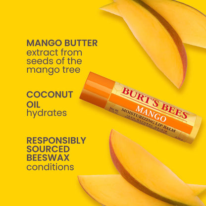 Burt's Bees Lip Balm - Pink Grapefruit, Mango, Coconut & Pear, and Pomegranate Pack, Lip Moisturizer With Beeswax, Tint-Free, Natural Origin Conditioning Lip Treatment, 4 Tubes, 0.15 oz.