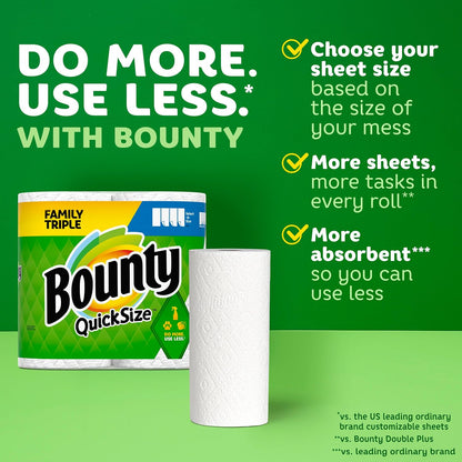 Bounty Quick-Size Paper Towels, White, 12 Family Triple Rolls = 36 Regular Rolls