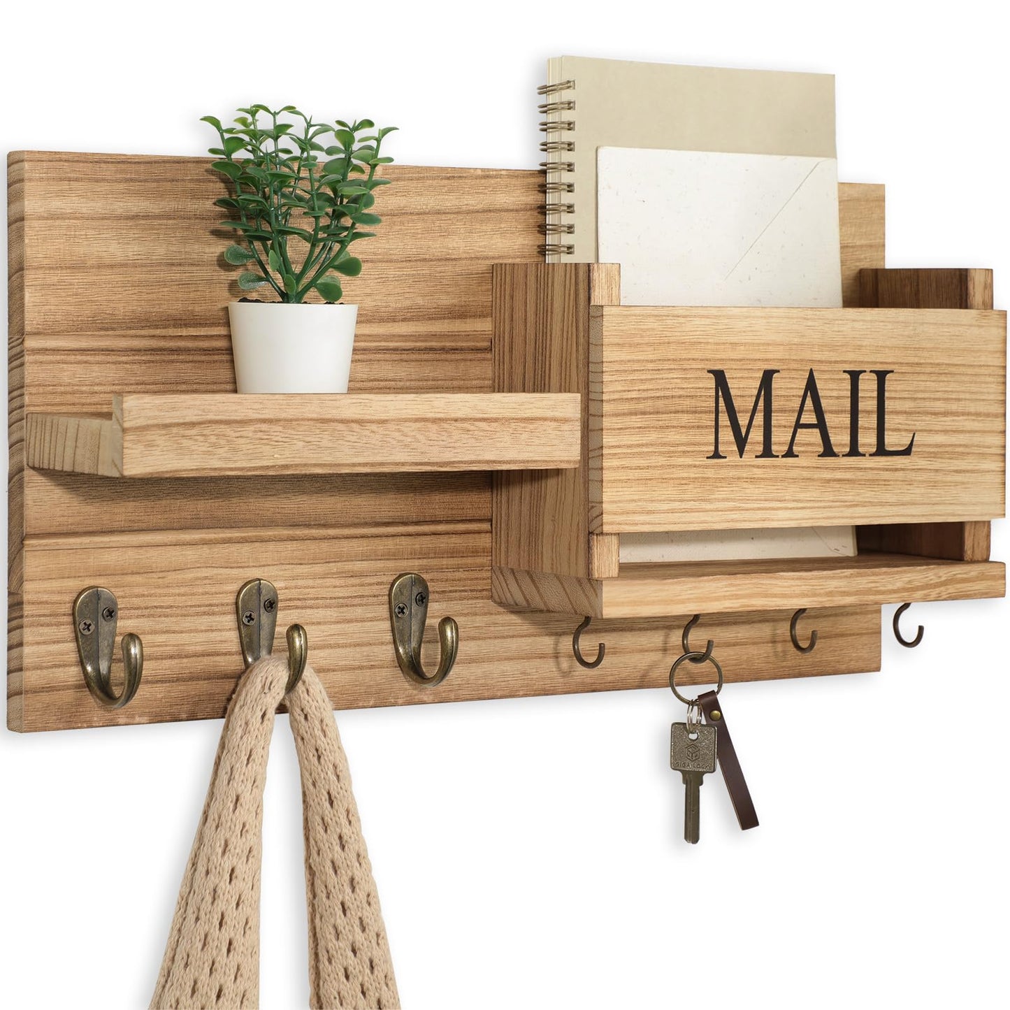 Mail Organizer for Wall Mount – Key Holder with Shelf includes Letter Holder and Hooks for Hallway Farmhouse Decor – Rustic Wood with Flush Mounting Hardware (16.5” x 9.1” x 3.4”) (Black)