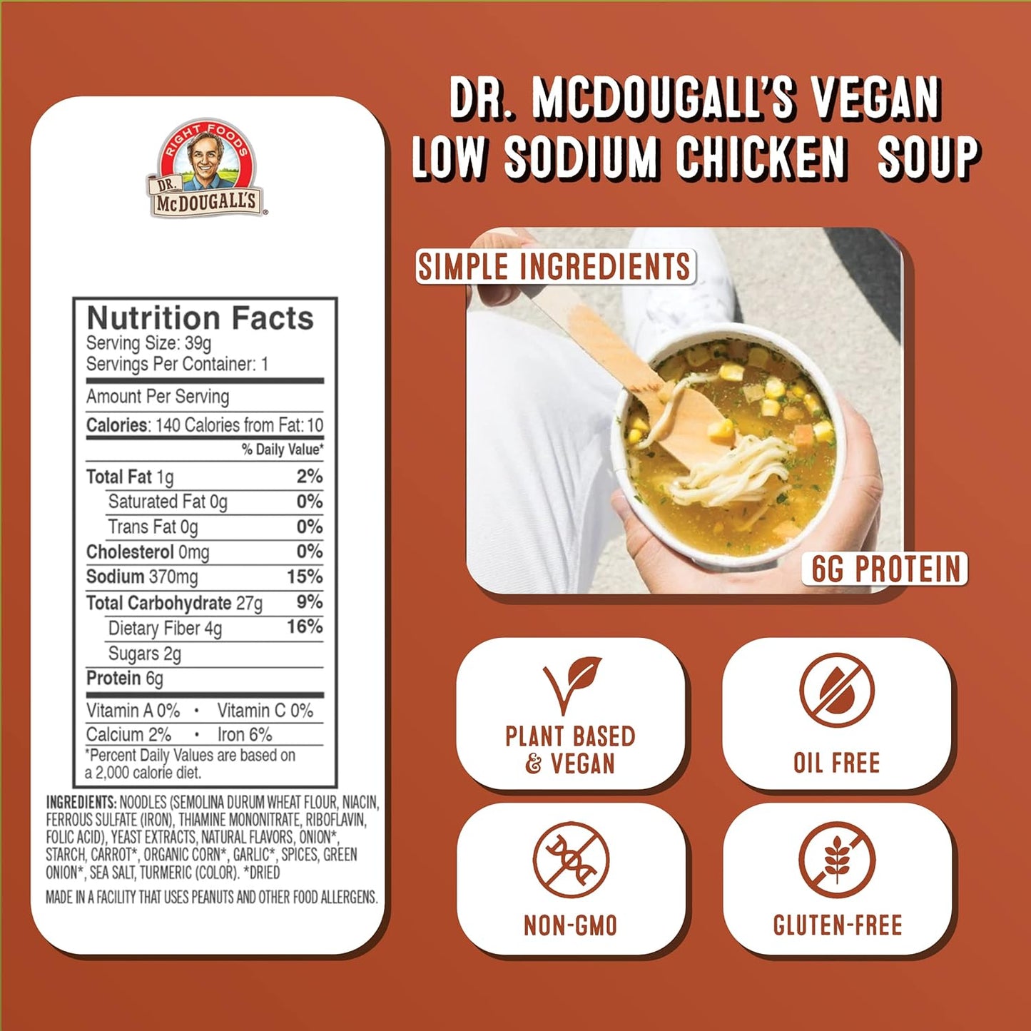 Dr. McDougall's Vegan Chicken Soup - Chicken Noodle Soup - Organic Ramen Noodle Cups - Low Sodium Vegan Soup with Instant Noodles - 1.4 Ounces - Pack of 6