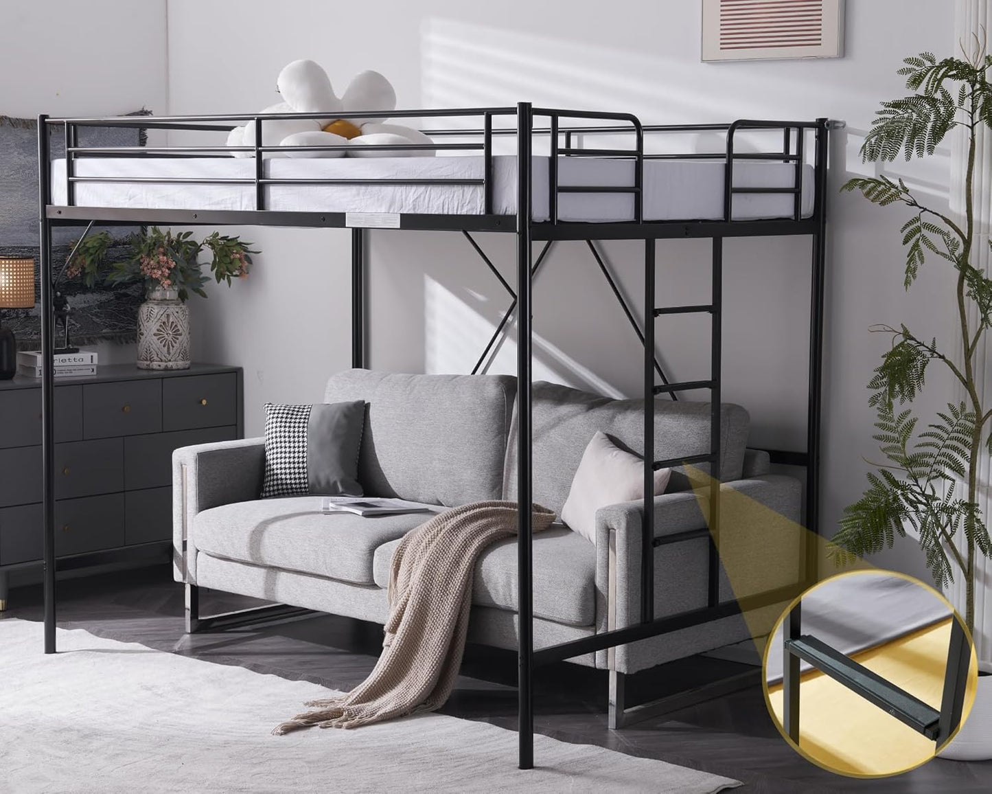 VINGLI Loft Bed Full Size with Flat Rungs for Adults, Kids and Young Teens, No Box Spring Required,Heavy Duty Metal Slat Support