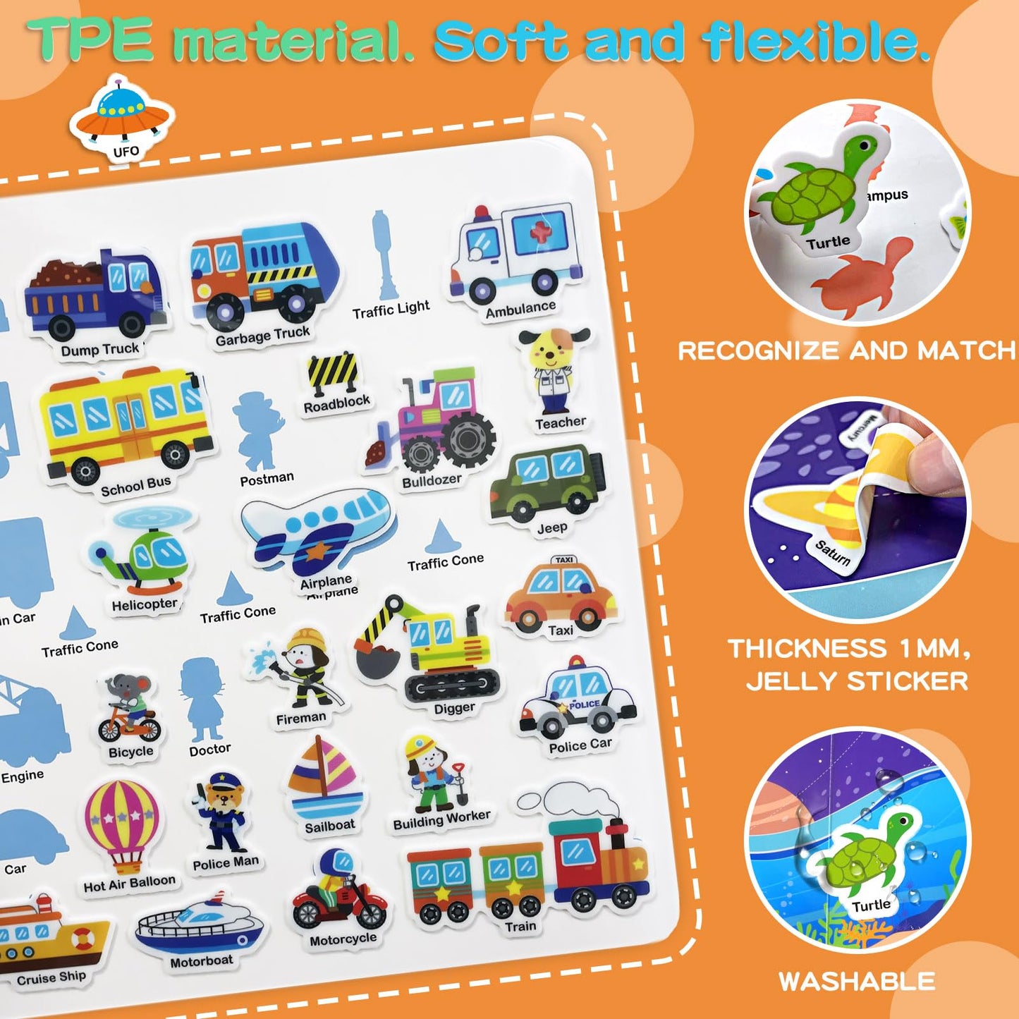 Reusable Sticker Books for Kids, Preschool Learning Sticker Activity Book, Restickable Jelly Stickers Toys for Kids Girls Boys-Vehicles…