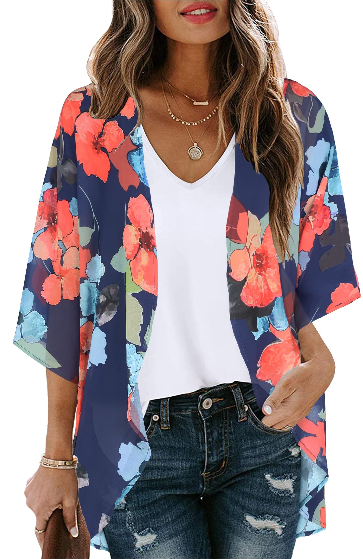 Women's Floral Print Puff Sleeve Kimono Cardigan Loose Cover Up Casual Blouse Tops