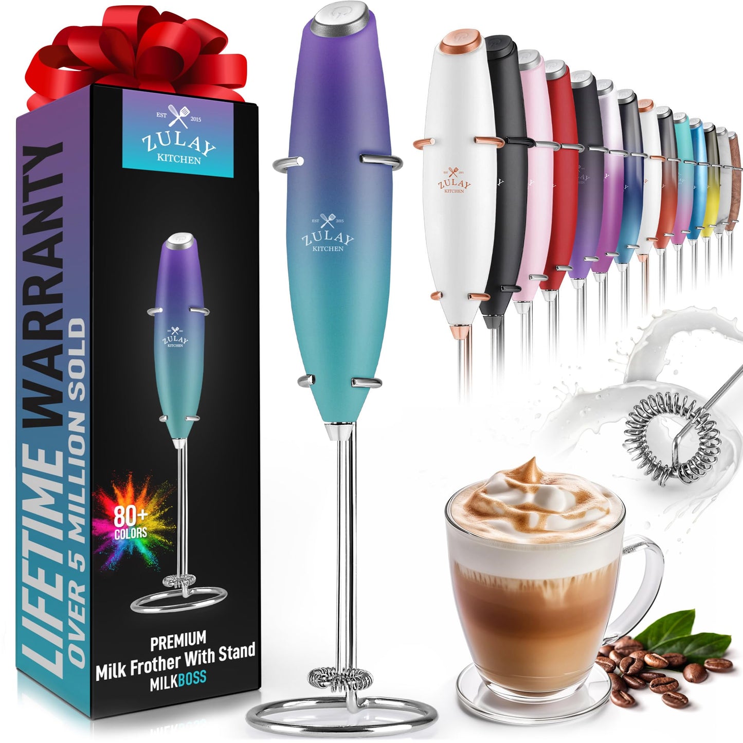 Zulay Powerful Milk Frother (4 Duracell Batteries Included) - Handheld Milk Frother Wand Drink Mixer for Coffee - Powerful Milk Foamer for Cappuccino, Frappe, Matcha & Coffee Creamer - Black