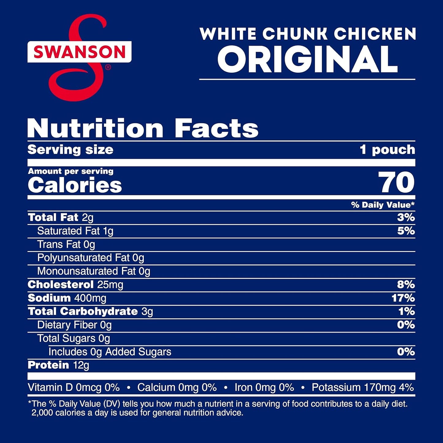 Swanson Original White Chunk Fully Cooked Chicken, Ready to Eat, Simple On-the-Go Meals, 2.6 OZ Pouch