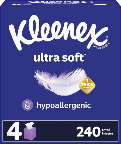 Kleenex Ultra Soft Facial Tissues, 4 Cube Boxes, 60 Tissues per Box, 3-Ply (240 Total Tissues), Packaging May Vary