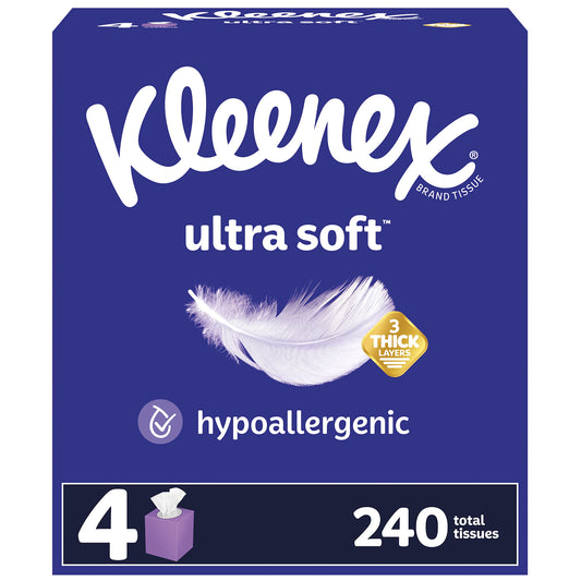 Kleenex Ultra Soft Facial Tissues, 4 Cube Boxes, 60 Tissues per Box, 3-Ply (240 Total Tissues), Packaging May Vary