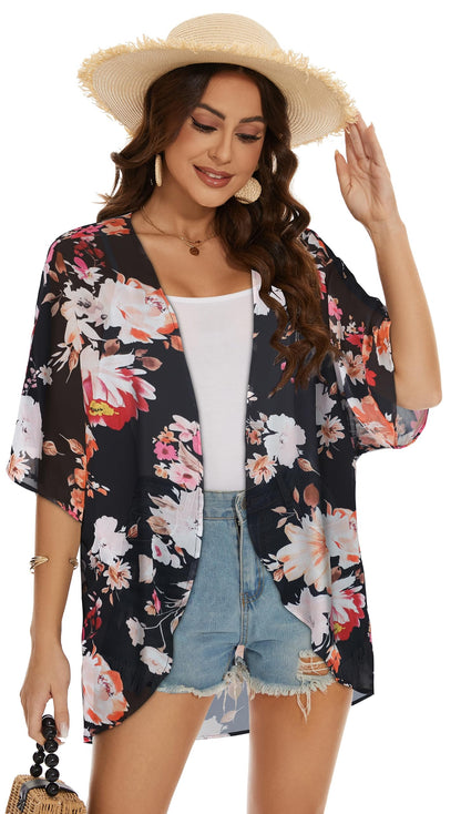 Womens Kimono Beach Cover Up Chiffon Cardigan Floral Tops Loose Capes