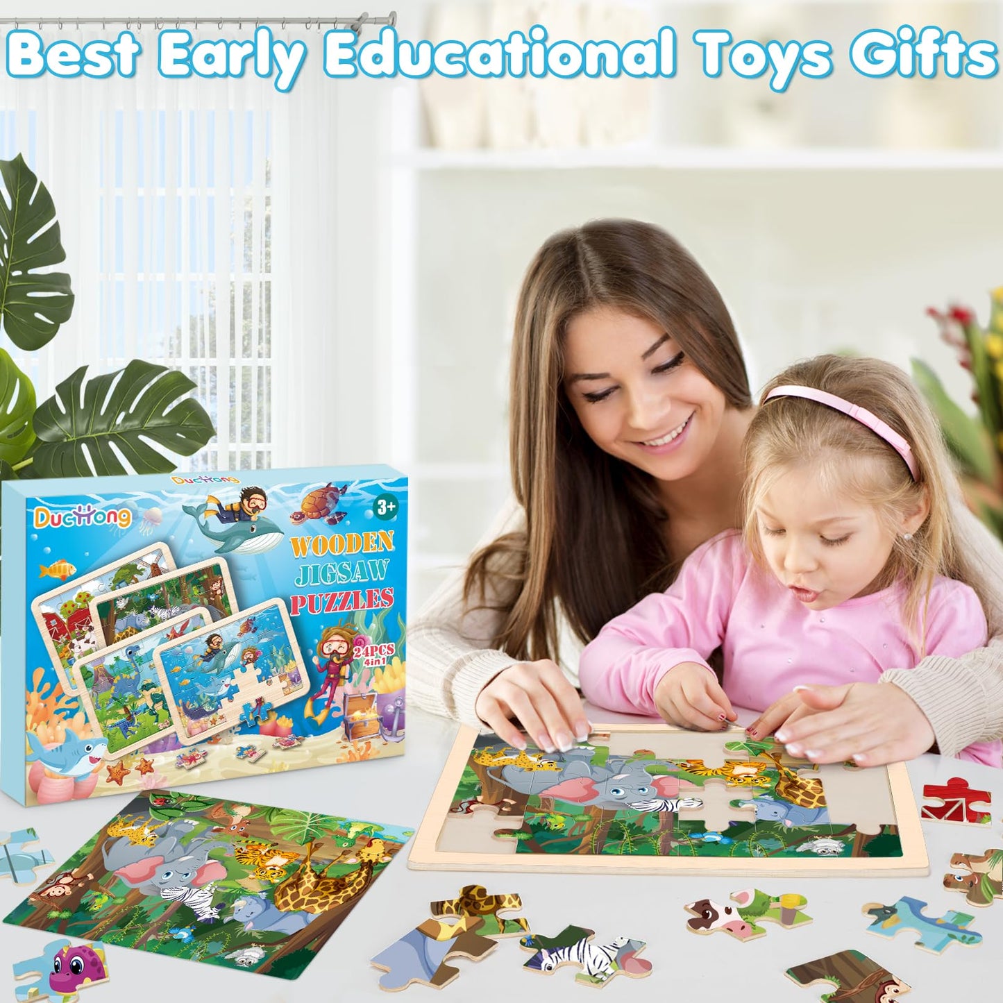 4-in-1 Farm Wooden Puzzles for Kids Ages 4-6, 24 PCS Wooden Jigsaw Puzzles for Toddlers Ages 2-4, Preschool Educational Puzzles Boards Toys Gifts for 3 4 5 6 Boys Girls