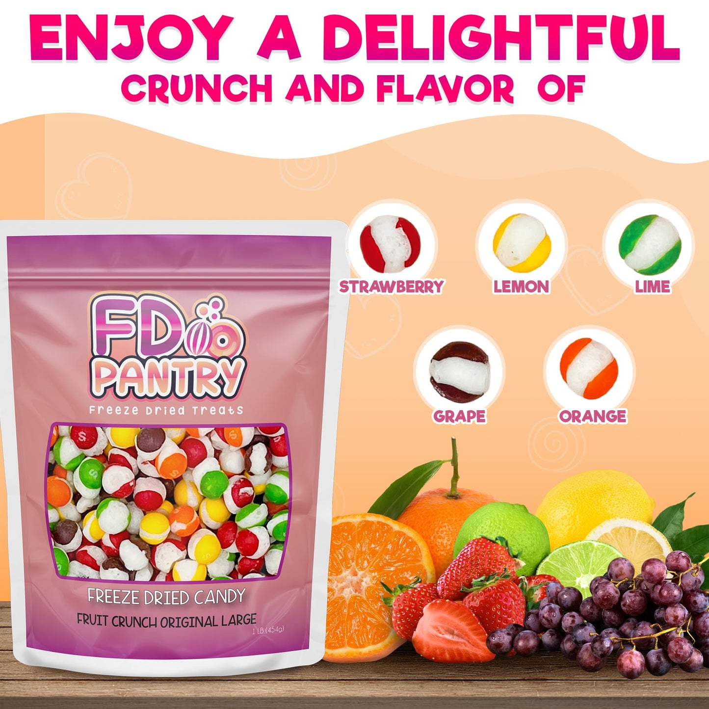 Fruit Crunch Original Candy Freeze Dried 16 oz 1 pound - Assortment Strawberry, Orange, Lemon, Grape, Lime Flavors Large 1lb Big Bag Pouch - Ideal Gift Snack 16oz