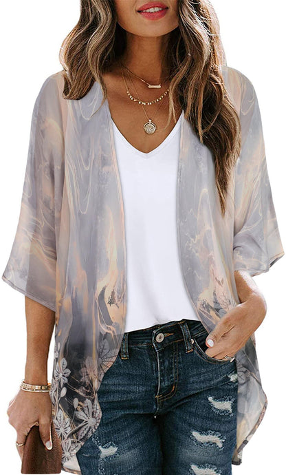 Women's Floral Print Puff Sleeve Kimono Cardigan Loose Cover Up Casual Blouse Tops