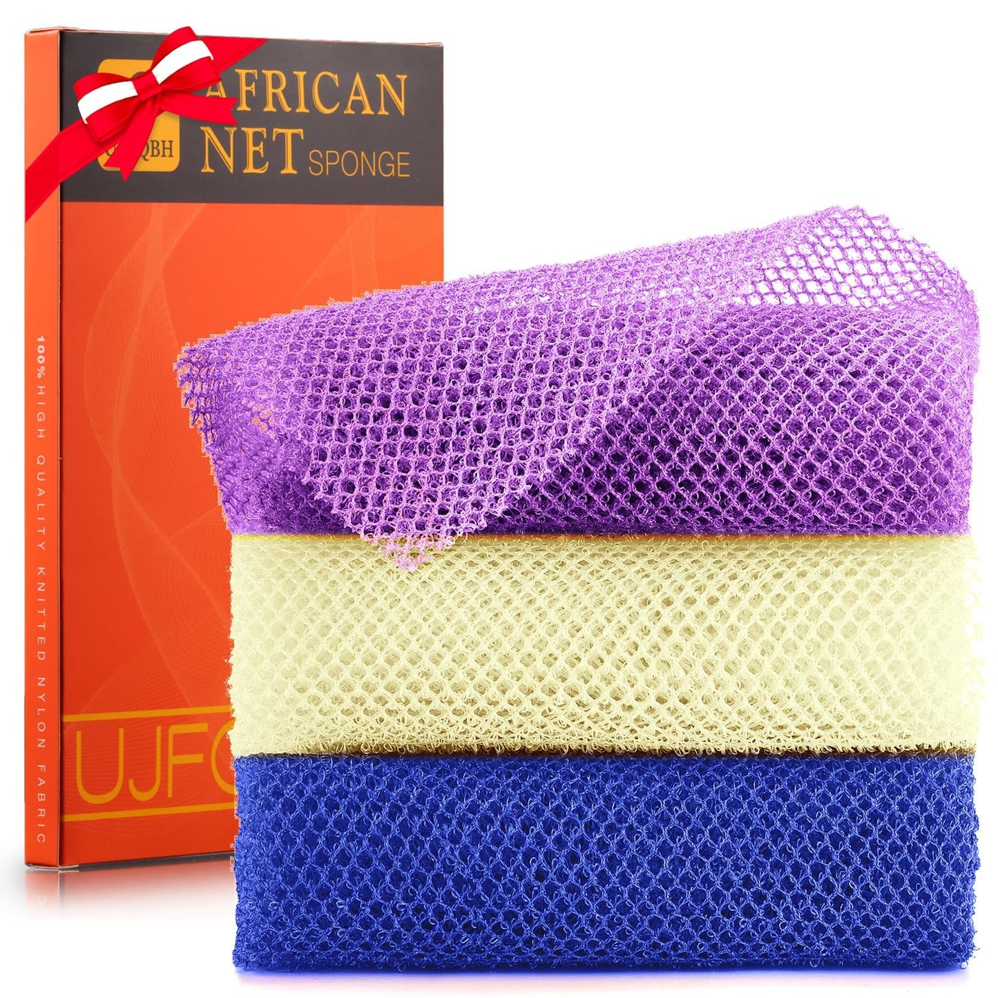 3 Pieces African Bath Sponge African Net Long Net Bath Sponge Exfoliating Shower Body Scrubber Back Scrubber Skin Smoother,Great for Daily Use (Black、Blue、Brown)