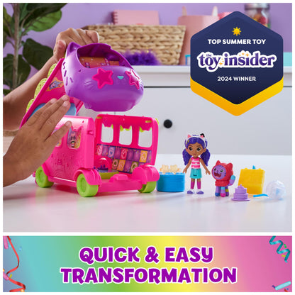 Gabby's Dollhouse Celebration Party Bus, Transforming Playset with Gabby & DJ Catnip Toy Figures & Dollhouse Accessories, Kids Toys for Ages 3 and Up