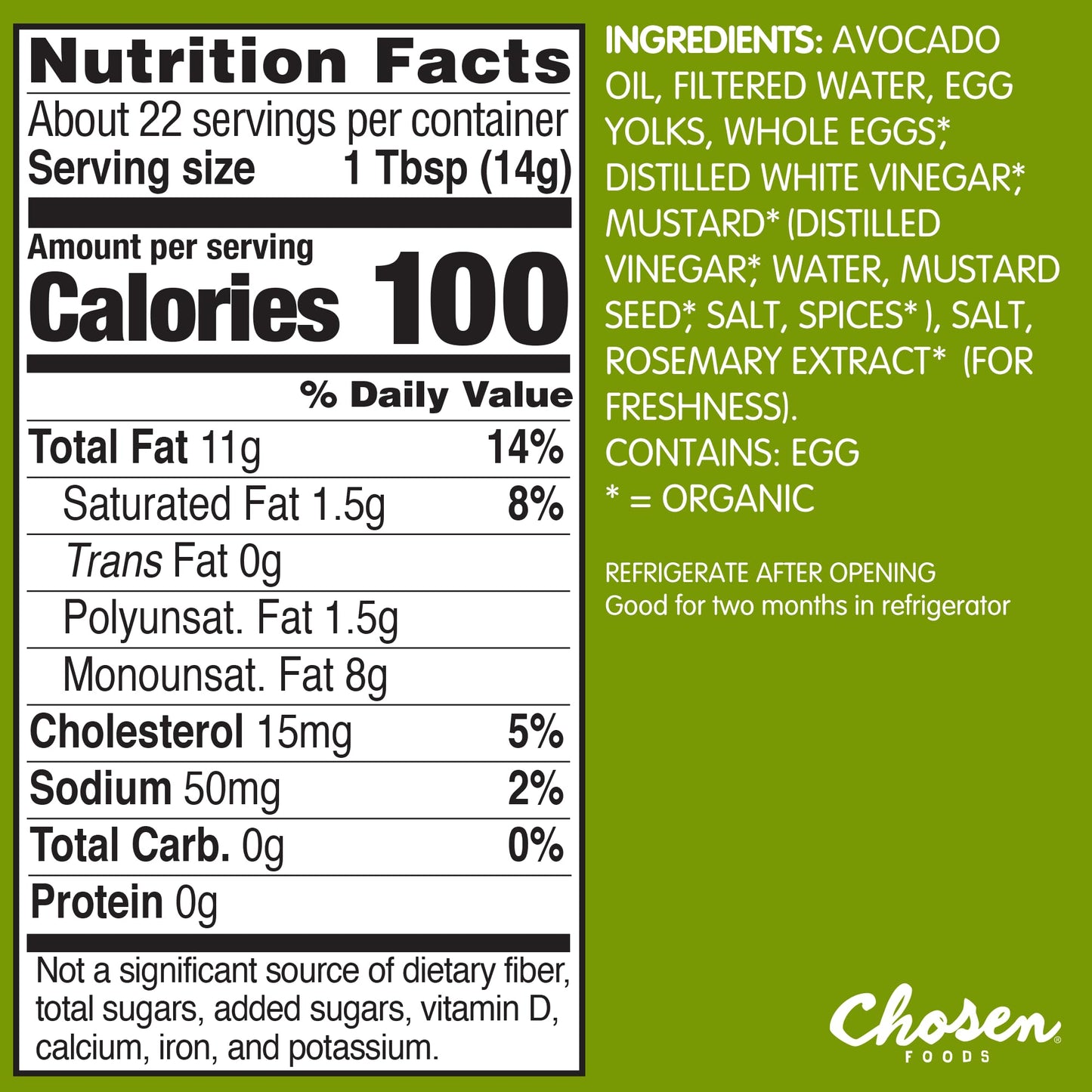 Chosen Foods 100% Avocado Oil-Based Classic Mayonnaise, Gluten & Dairy Free, Low-Carb, Keto & Paleo Diet Friendly, Mayo for Sandwiches, Dressings and Sauces, Made with Cage Free Eggs (32 Fl Oz)