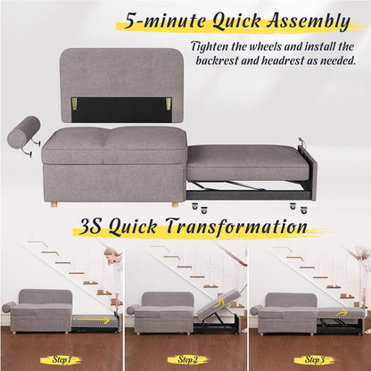 Sleeper Sofa Bed 4-in-1 Convertible Couch, Linen Fabric Love seat Couch with 2 Throw Pillow, Single Recliner for Small Space with 5 Adjustable Angles Backrest