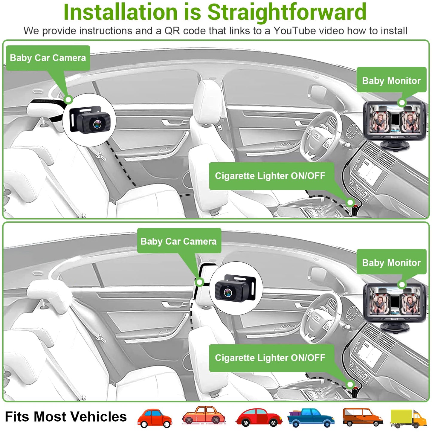 Baby Car Camera Easy Install: HD 1080P Eye Protection Clear Night Vision - Rear Facing Stability Backseat Camera with Monitor for Car Seat Travel 360° Rotation N06