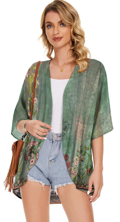 Women's Floral Print Puff Sleeve Kimono Cardigan Loose Cover Up Casual Blouse Tops