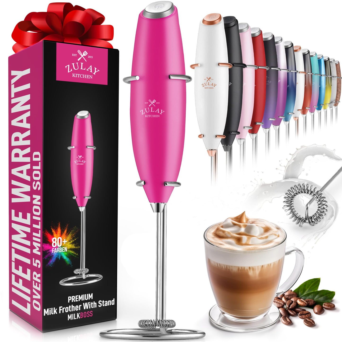 Zulay Powerful Milk Frother (4 Duracell Batteries Included) - Handheld Milk Frother Wand Drink Mixer for Coffee - Powerful Milk Foamer for Cappuccino, Frappe, Matcha & Coffee Creamer - Black