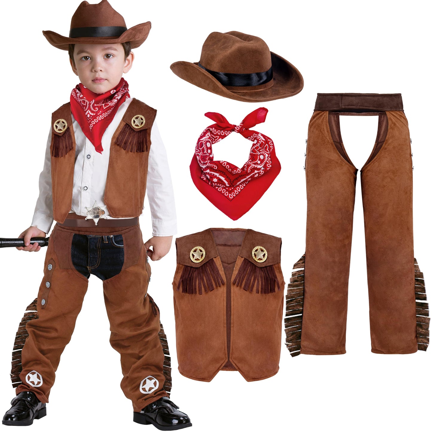 Spooktacular Creations Halloween Cowboy Costume for Boys, Kids Cowboy Costume Set, Brown Western Style Cowboy Outfit with Cowboy Hat for Toddler Dress-up, RolePlay Party (Small (5-7 YRS))