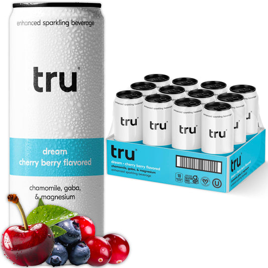 Tru Dream Seltzer, Sleep Aid Calming Drinks with Magnesium, Tart Cherry Fruit Juice Flavored Sparkling Water, Caffeine Free, Kosher, Gluten Free, Vegan, Low Calories, No Sugar Added Beverages, 12oz (Pack of 12)