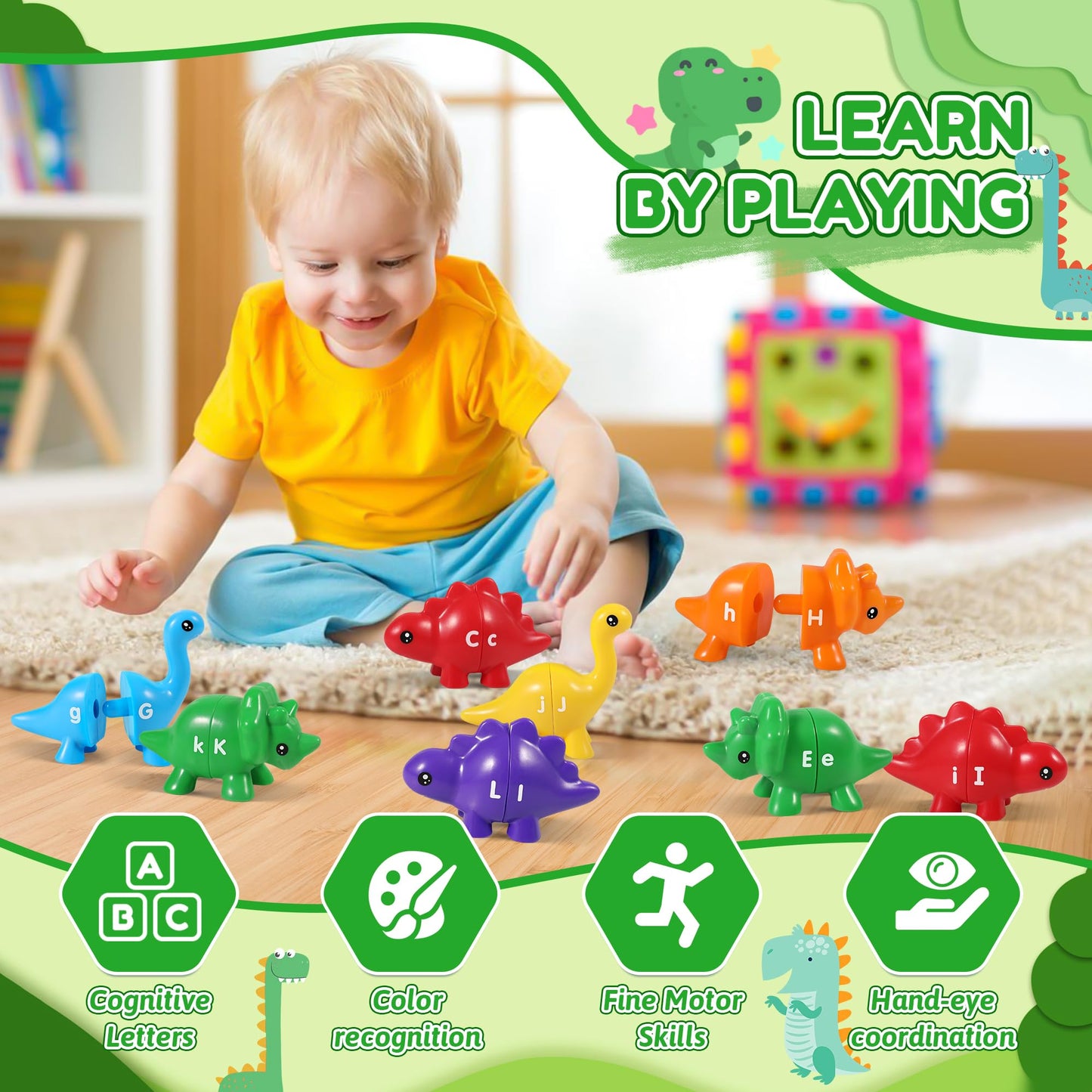 ABC Alphabet Dinosaurs Matching Learning Toy for Kids 2-4 3-5, 26PCS Montessori Double-Sided Dinosaur Toys Match Letter, Fine Motor Toys, Preschool Educational Learning Toys for Kid Toddlers