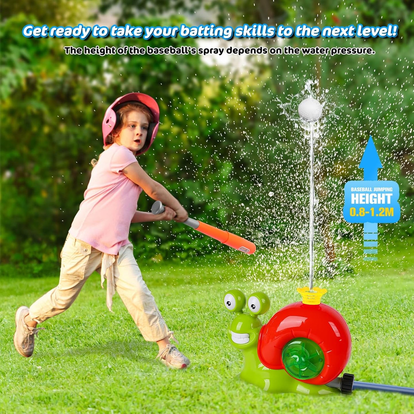 Water Sprinkler Baseball Toy - 2 in 1 Snail Water Baseball Water Wiffle Ball Game, Kids Outside Water Toy with 2 Sprinkler Heads, 360° Roating Spray Fun for Boys Girls Summer Backyard Party Lawn Pool