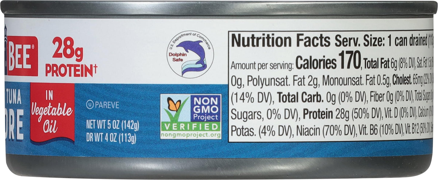 Bumble Bee Solid White Albacore Tuna in Water, 5 oz Can (Pack of 8) - Wild Caught Tuna - 29g Protein per Serving, High in Omega-3s - Non-GMO Project Verified, Gluten Free, Kosher