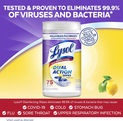 Lysol Dual Action Disinfectant Wipes, Multi-Surface Antibacterial Scrubbing Wipes, For Disinfecting and Cleaning, Citrus Scent, 75ct