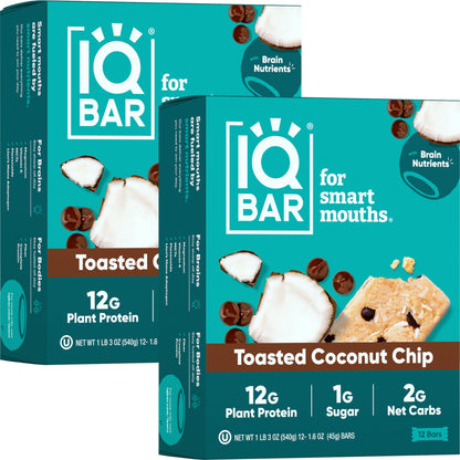 IQBAR Brain and Body Plant Protein Bars - Almond Butter Chip - 12 Count, Low Carb, High Fiber, Gluten Free, Vegan Snacks - Low Sugar Keto Energy Bars