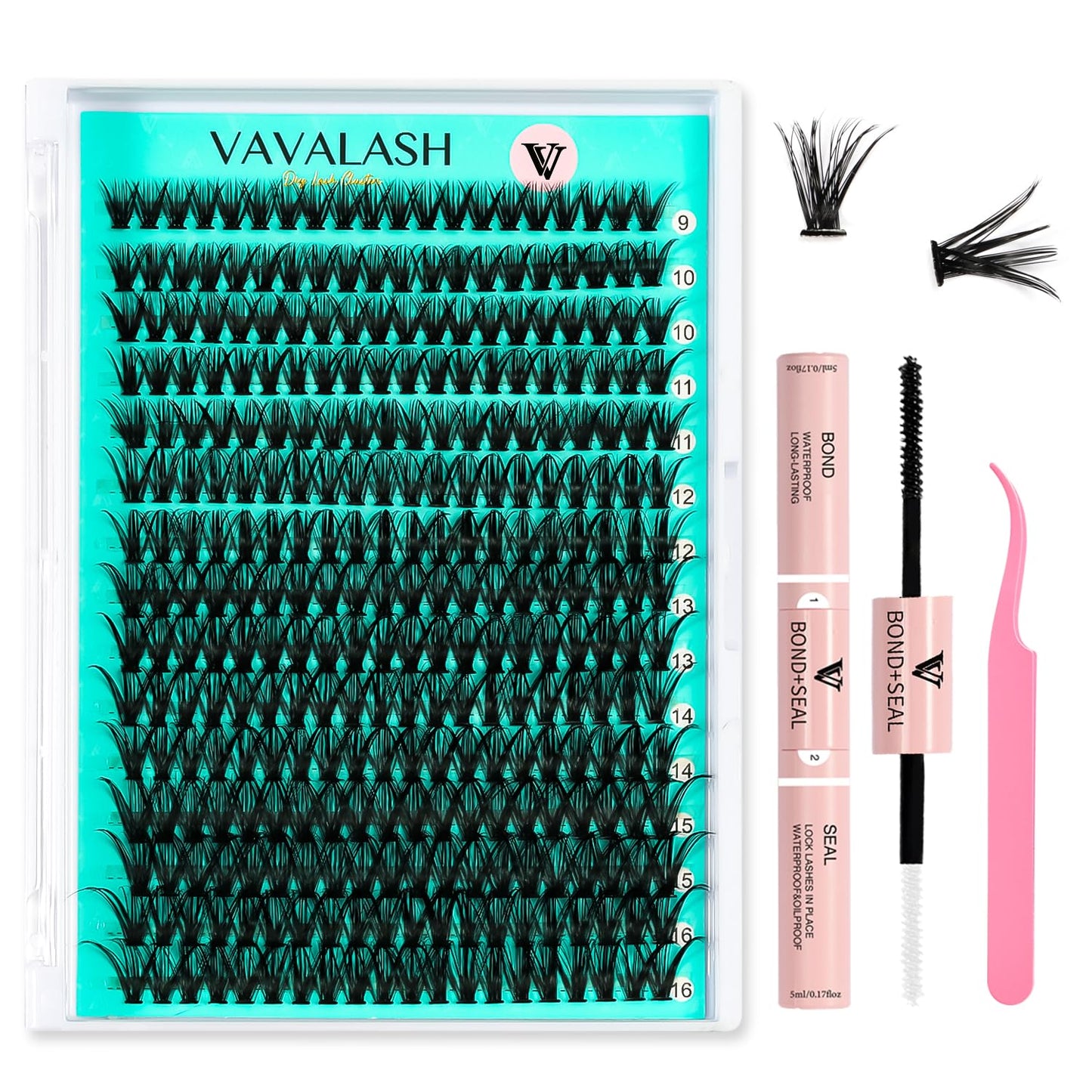 VAVALASH DIY Lash Extension Kit 280 Clusters Individual Lashes Kit 30D 40D 0.07D-10-16mm Lash Clusters, Lash Bond and Seal, Lash Tweezer for DIY Eyelash Extension at Home（Kit-30D+40D-0.07D-10-16MIX）