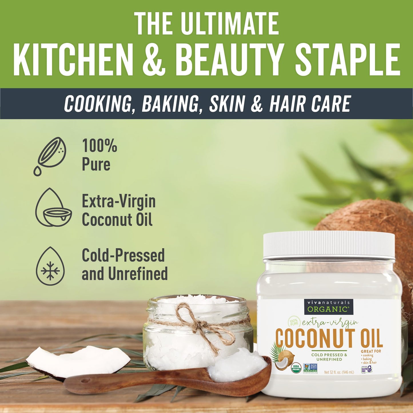 Viva Naturals Organic Coconut Oil - Unrefined, Cold-Pressed Extra Virgin Coconut Oil, USDA Organic and Non-GMO Cooking Oil, Great as Hair Oil and Skin Oil, 16 fl oz