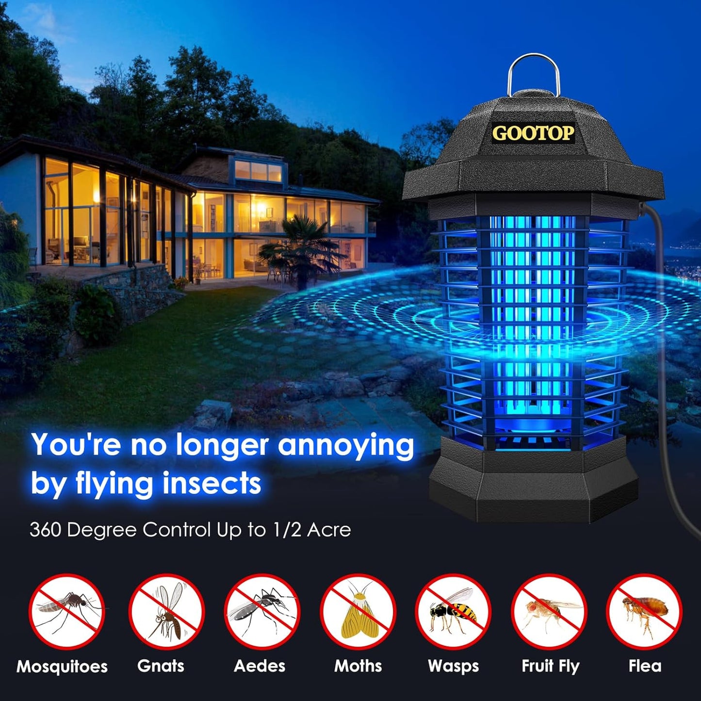 GOOTOP Bug Zapper Outdoor Electric, Mosquito Zapper, Fly Traps, Fly Zapper, Mosquito Killer, 3 Prong Plug, 90-130V, ABS Plastic Outer (Black)