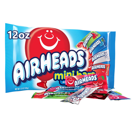 Airheads Mini Bars, Halloween Trick or Treat Candy Variety Bag, Individually Wrapped Bulk Candy for Adults & Kids, Party, Non-Melting, 12 oz Bag