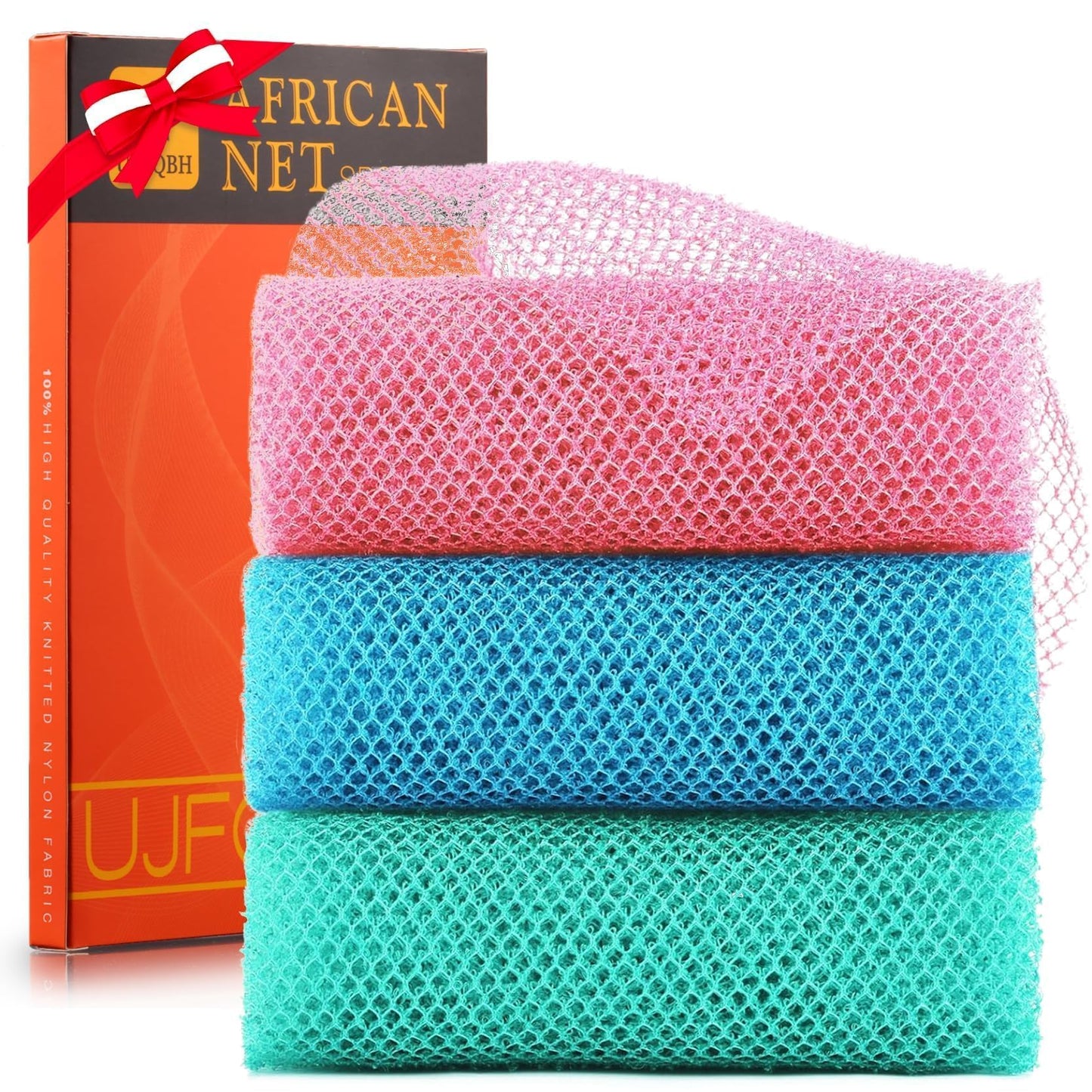 3 Pieces African Bath Sponge African Net Long Net Bath Sponge Exfoliating Shower Body Scrubber Back Scrubber Skin Smoother,Great for Daily Use (Black、Blue、Brown)