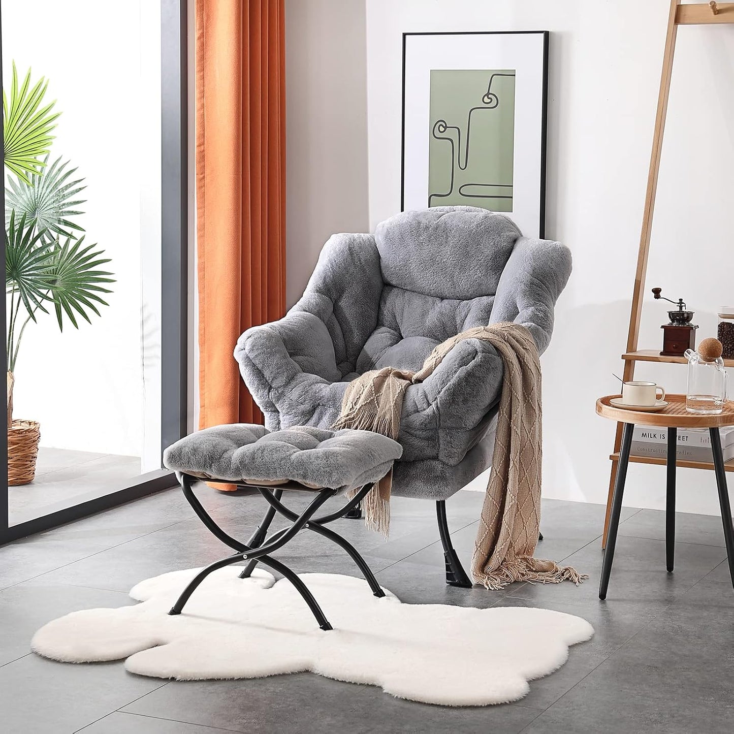 Welnow Lazy Chair with Ottoman, Modern Lounge Accent Chair with Armrests and a Side Pocket, Leisure Sofa Chair Set, Reading Chair with Footrest for Small Space, Corner Chair, Plush Grey