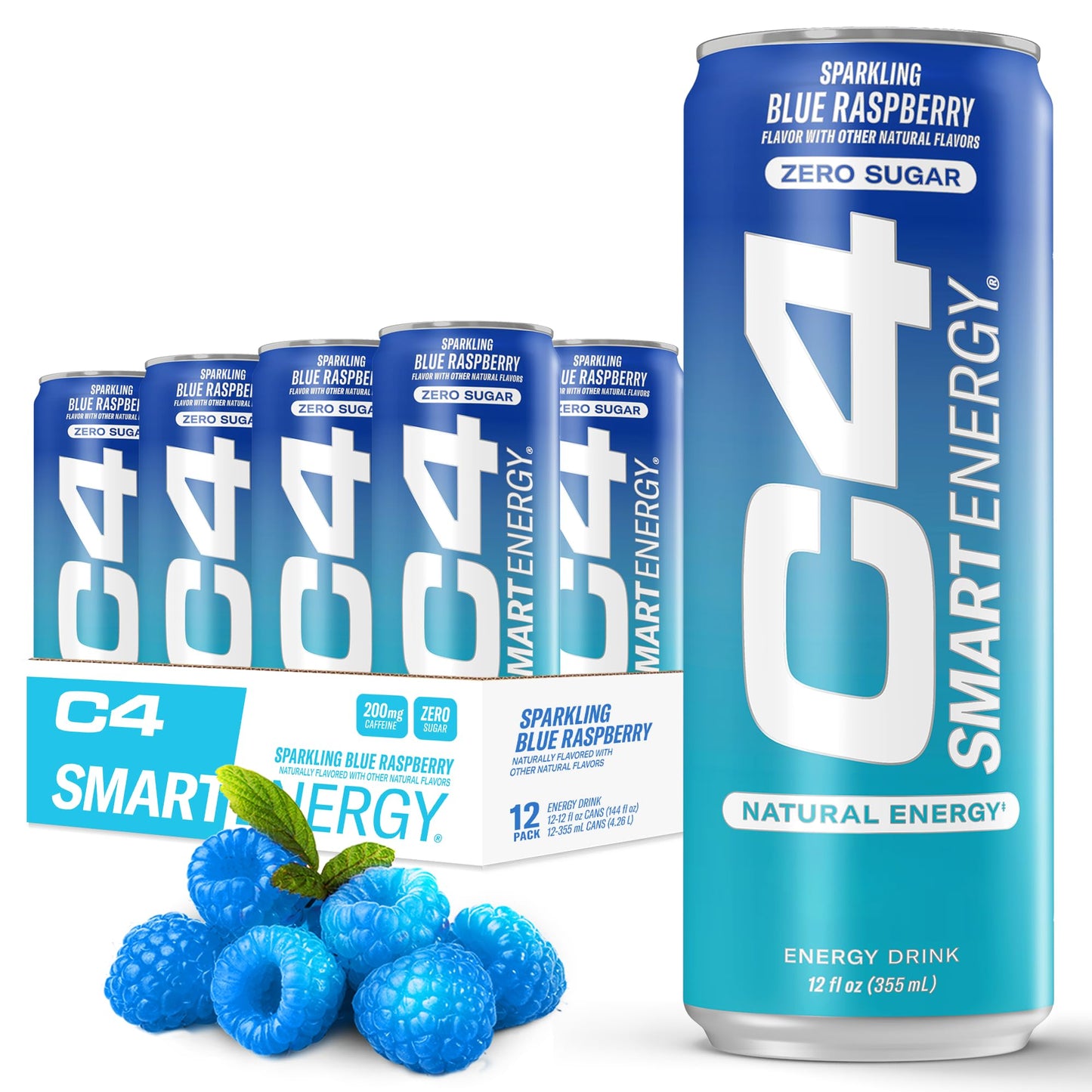 C4 Smart Energy Drink – Boost Focus and Energy with Zero Sugar, Natural Energy, and Nootropics - 200mg Caffeine - Cherry Berry Lime (12oz Pack of 12)