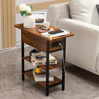 Yoobure End Table with Charging Station, Flip Top Side Table with USB Ports and Outlets, Sofa Couch Table Bedside Table for Living Room Bedroom, Narrow Nightstand with Storage Shelves for Small Space