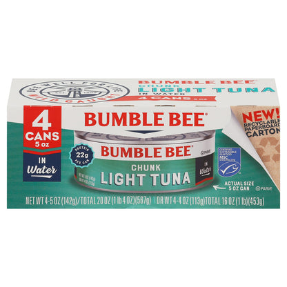 Bumble Bee Chunk Light Tuna In Water, 5 oz Cans (Pack of 24) - Wild Caught Skipjack Tuna - 23g Protein Per Serving - MSC Certified Sustainable Seafood, Non-GMO, Gluten Free, Kosher