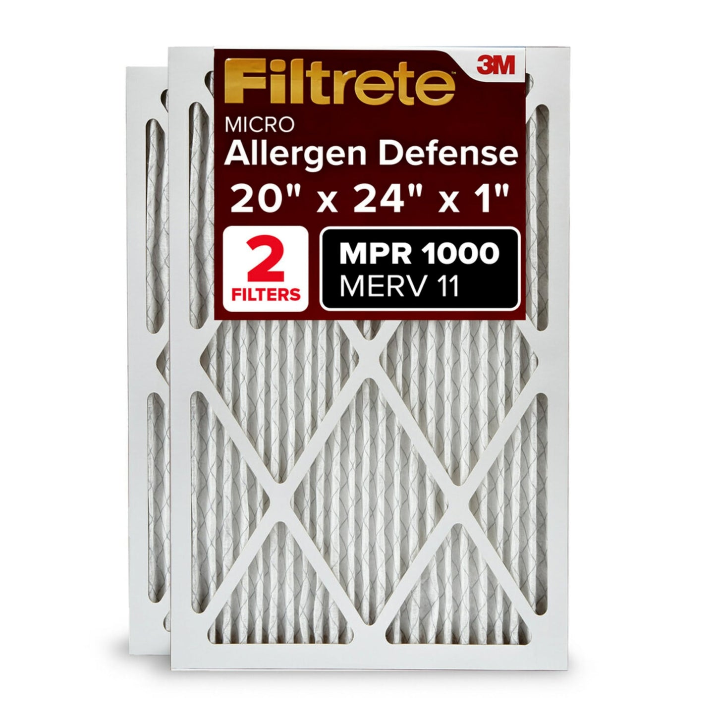 Filtrete 20x25x1 AC Furnace Air Filter, MERV 11, MPR 1000, Micro Allergen Defense, 3-Month Pleated 1-Inch Electrostatic Air Cleaning Filter, 2 Pack (Actual Size 19.688 x 24.688 x 0.84 in)