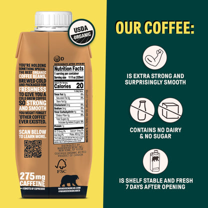 Wandering Bear Straight Black Organic Cold Brew Coffee On Tap, 96 fl oz - Extra Strong, Smooth, Unsweetened, Shelf-Stable, and Ready to Drink Iced Coffee, Cold Brewed Coffee, Cold Coffee