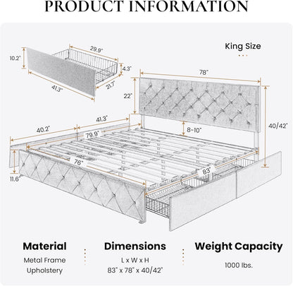 SHA CERLIN Upholstered King Platform Storage Bed Frame with 4 Drawers, Adjustable Headboard with Faux Leather Diamond Button Tufted Design, Wooden Slat Support, No Box Spring Needed, Black Brown