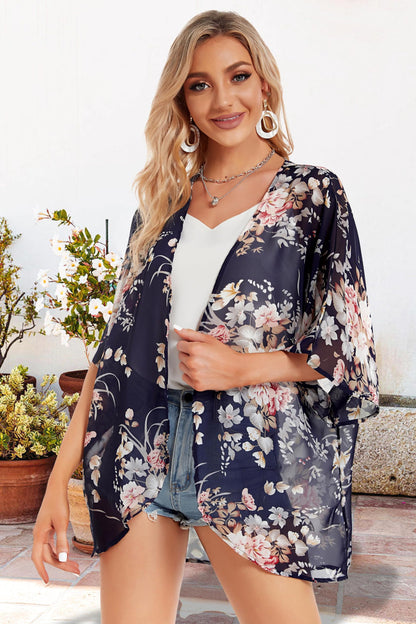 Women's Floral Print Puff Sleeve Kimono Cardigan Loose Cover Up Casual Blouse Tops